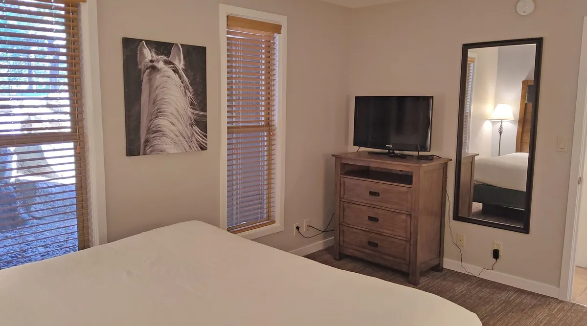 Another angle of the bedroom shows the king bed with gentle natural light streaming in. A dresser, TV, and more horse artwork contribute to the feeling of spaciousness and comfort, while the overall mood remains serene and restful.