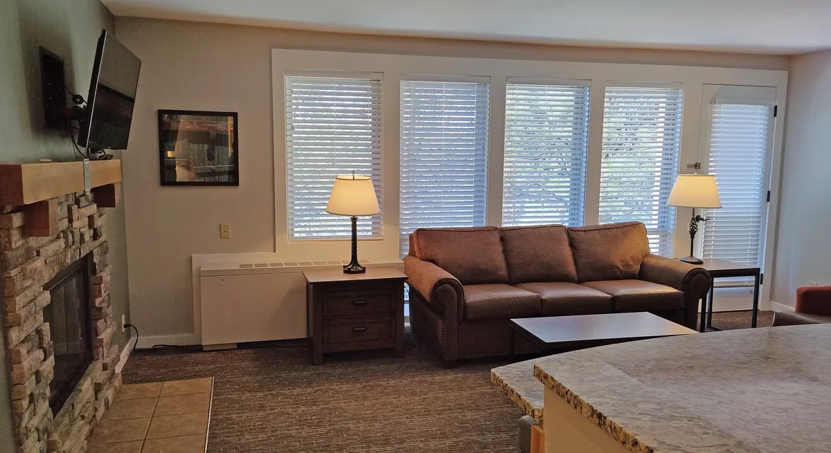 A cozy living space with a comfortable sofa positioned near a warm fireplace, a floor lamp providing ambient lighting, and large windows offering natural light and a sense of openness.